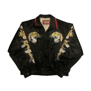 Sukanjan Japanese Ivory & Black Satin Fully Lined Hand-Embroidered Bomber Jacket